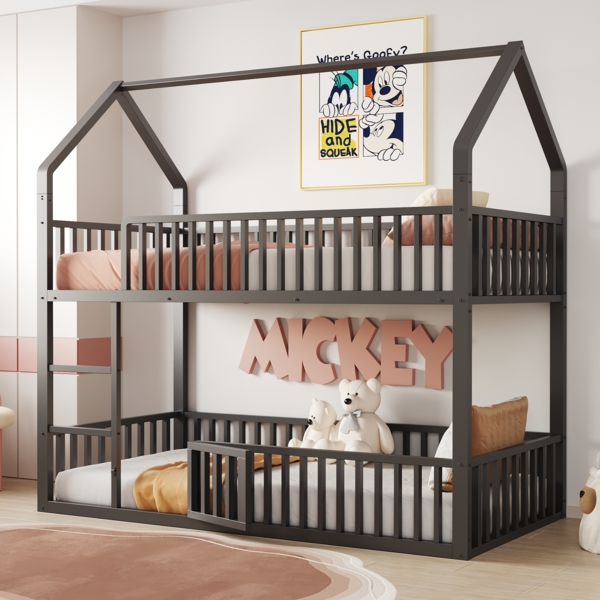 Merax Kinder-Etagenbett 90*200, Einzelbett Jugendbett Metall-Doppelbett, Kinder-Familienbett, Etagenbett mit Treppe, Loft-Design, Schwarz (Ohne Matratze)