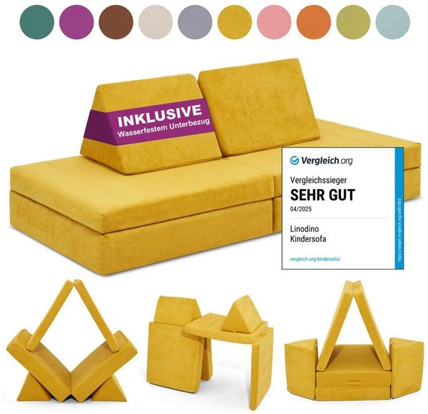 Linodino Kindersofa Spielsofa I aus Schaumstoff Bausteine I Spielcouch für Kinder, Wasserfeste Unterbezüge, Waschbare Chenille Bezüge 30°