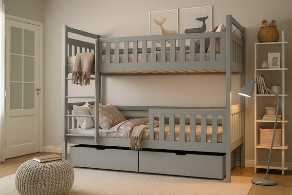 Deine Möbel 24 Etagenbett MICO für 2 Kinder 90x200 GRAU Hochbett Kinderbett aus Massivholz (Matratzen optional, Bett mit Lattenrost, 2 Schubladen, Leiter und Rausfallschutz), aus Vollholz Kiefernholz, in 2 Einzelbetten umbaubar