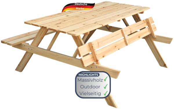 Outdoor Picknicktisch KLEIS - 170cm, Massives Tannenholz, Faltbare Sitze | Picknickbank Sitzgruppe Aussen Bank Sitzbank Gartenbank