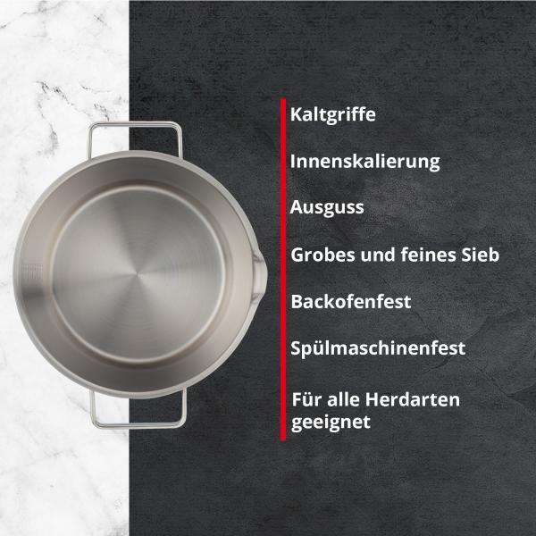 MEISTERKOCH Topf aus gebürstetem Edelstahl 16 cm Ø | mit Ausguss, Innenskalierung und isolierenden Kaltgriffen | 1 Glasdeckel mit feinem und grobem Sieb | Kochgeschirr rostfrei, induktionsgeeignet Bild 7