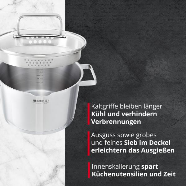 MEISTERKOCH Topf aus gebürstetem Edelstahl 16 cm Ø | mit Ausguss, Innenskalierung und isolierenden Kaltgriffen | 1 Glasdeckel mit feinem und grobem Sieb | Kochgeschirr rostfrei, induktionsgeeignet Bild 2