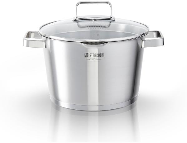 MEISTERKOCH Topf aus gebürstetem Edelstahl 16 cm Ø | mit Ausguss, Innenskalierung und isolierenden Kaltgriffen | 1 Glasdeckel mit feinem und grobem Sieb | Kochgeschirr rostfrei, induktionsgeeignet Bild 6