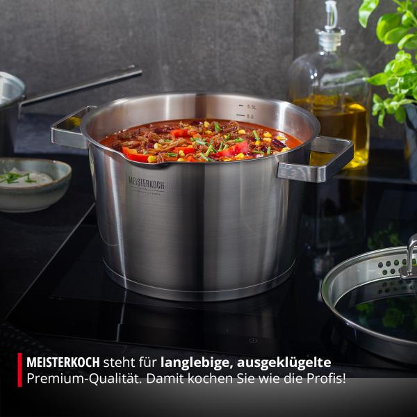 MEISTERKOCH Topf aus gebürstetem Edelstahl 16 cm Ø | mit Ausguss, Innenskalierung und isolierenden Kaltgriffen | 1 Glasdeckel mit feinem und grobem Sieb | Kochgeschirr rostfrei, induktionsgeeignet Bild 5