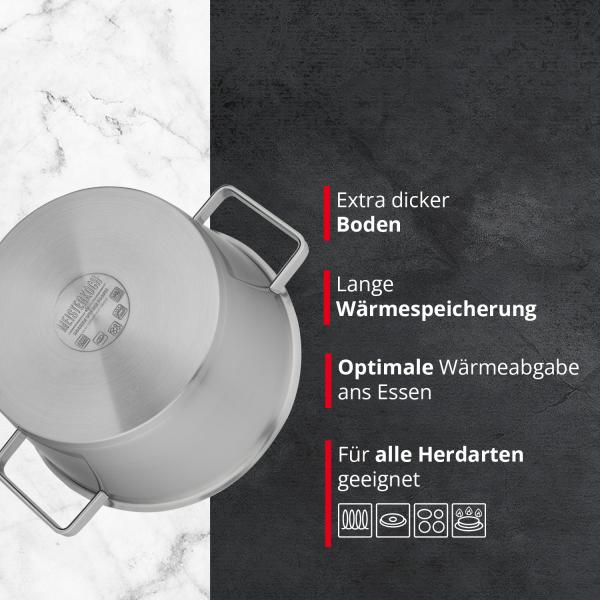 MEISTERKOCH Topf aus gebürstetem Edelstahl 16 cm Ø | mit Ausguss, Innenskalierung und isolierenden Kaltgriffen | 1 Glasdeckel mit feinem und grobem Sieb | Kochgeschirr rostfrei, induktionsgeeignet Bild 4