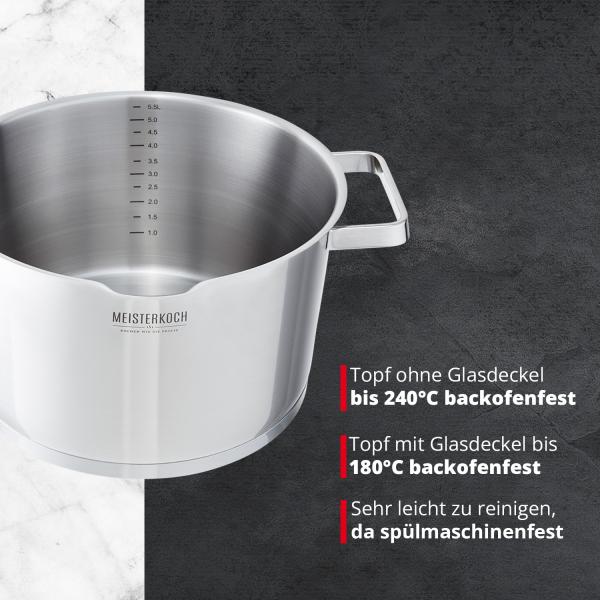 MEISTERKOCH Topf aus gebürstetem Edelstahl 16 cm Ø | mit Ausguss, Innenskalierung und isolierenden Kaltgriffen | 1 Glasdeckel mit feinem und grobem Sieb | Kochgeschirr rostfrei, induktionsgeeignet Bild 3