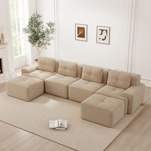 Modulares Sofa aus Cord, 4-Sitzer mit Tiefsitz & U-Form-Chaiselongue, 382 x 177 x 69 cm, Beige