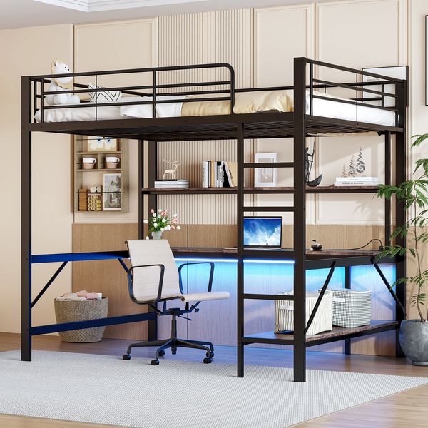 Bett 140x200 cm Hochbett mit LED und Steckdosen – Metallrahmen mit Schreibtisch und Regal