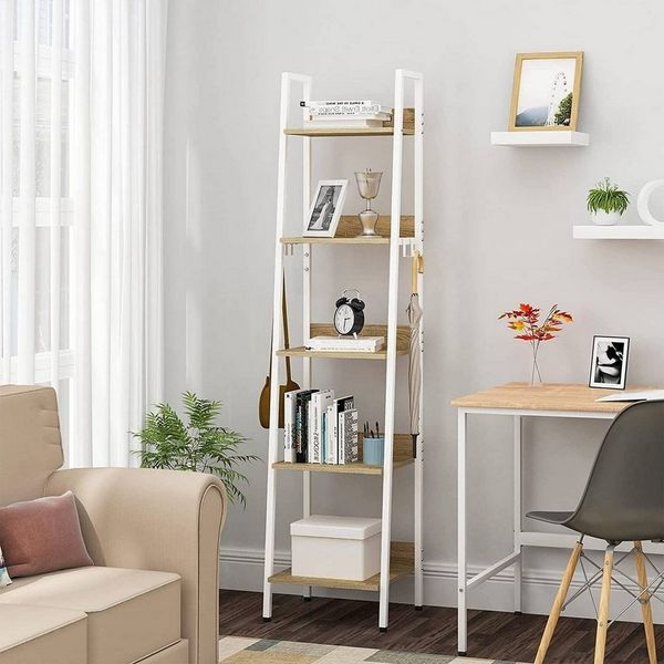WOLTU Lagerregal mit 5 Ebenen, Küchenregal mit 4 Haken, Bücherregal im Industriestil, Standregal im Wohnzimmer Küche, Regal aus MDF Metall, schmales Leiterregal weiß 40 x 170 x 36 cm RGB9289whe