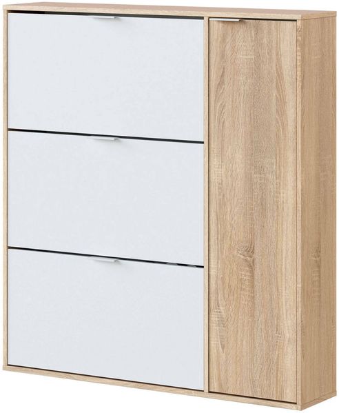 Dmora Ammour Schuhregal, Schuhschrank mit 4 Türen, Mehrzweck-Unterschrank mit 5 Regalen, modernes Schuhregal, 106 x 22 x 115 cm, Eiche und Weiß