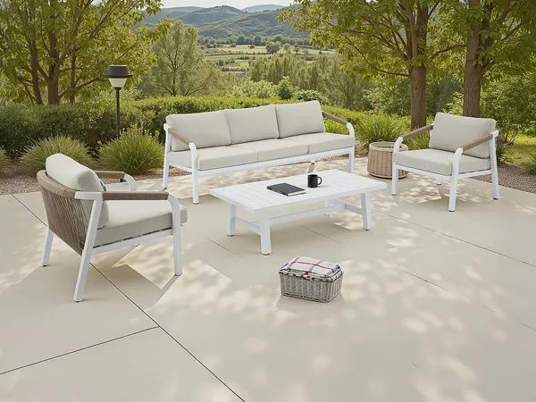 Vente-unique - LUREYA Gartensitzgruppe Metall BeigeWeiß - B 81 cm x H 69 cm x L 204 cm