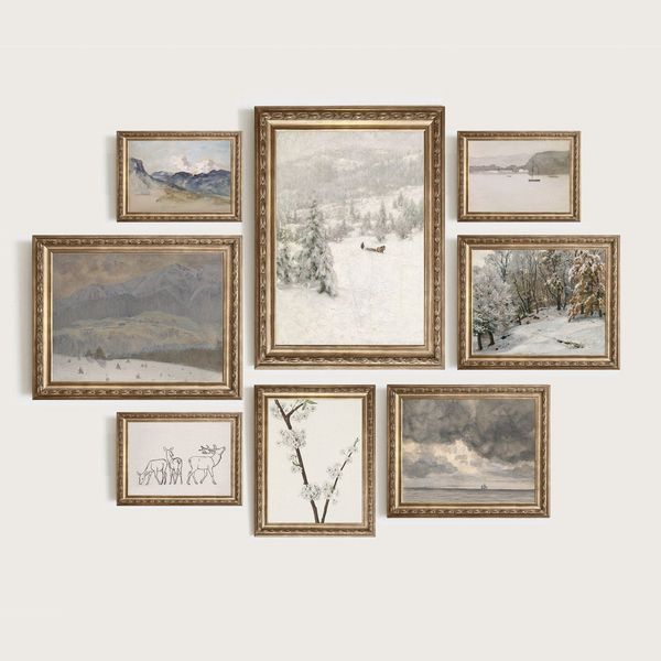 Poster Vintage Galerie Wand Kunst Landschaft Schnee Berge und Wälder Natur als Deko Print ohne Rahmen - 40 x 60 cm / C