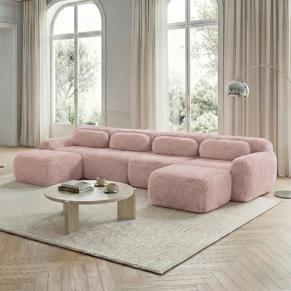 Flieks 4-Sitzer Sofa, U-förmiges Sofa, Schlafsofa, rahmenlos modular mit 2 Ottoman & 4 Kissen, rutschfester Boden, Plüsch, Rosa