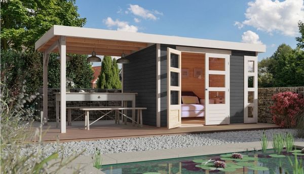 Gartenhaus Kerko 4 - 298 x 213 cm, inkl. Anbaudach 2,80m, 19 mm Holz terragrau, Karibu