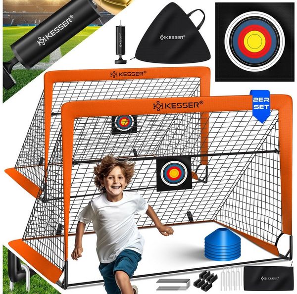 KESSER Pop-Up Fußballtor, 2er Set, mit Transporttasche, 6x Hütchen, Ballpumpe & Zielscheibe, Glasfaserstangen, 120x90 cm, Orange