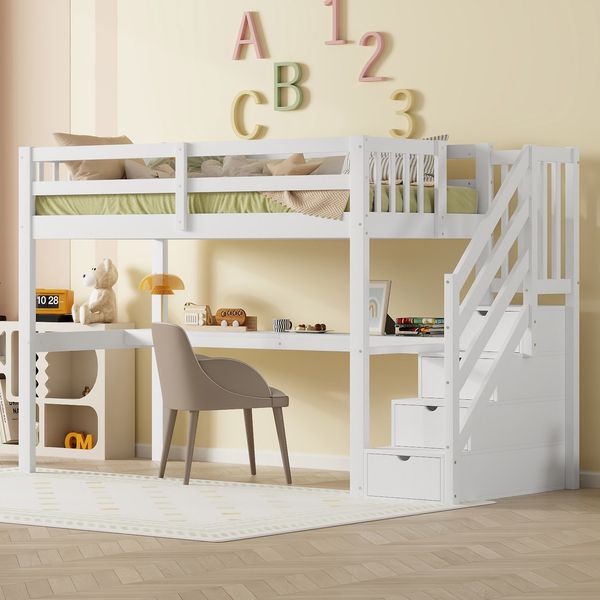 Merax Hochbett 90 x 200cm Kinderhochbett mit Stauraumschubladen und Unterbettschreibtisch, Weiß
