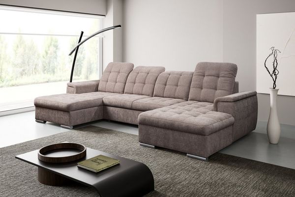 WERK2 Wohnlandschaft Napoli zeitlos, elegant, bequem, Breite 330cm, U-Form, verstellbare Kopfteile, mit Schlaffunktion und Bettkasten