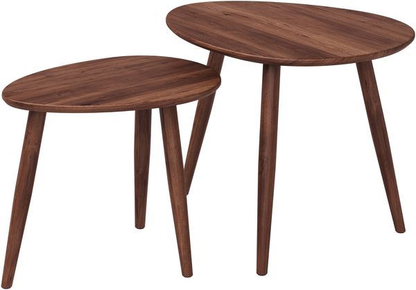 skølm Lodur Couchtisch 2er Set aus Eichenholz, Beistelltisch geölt, nussbraun, ovale Tischplatte mit 3 Tischbeinen