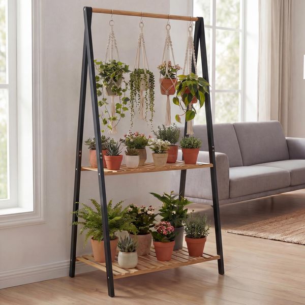 Bambus Pflanzenregal HWC-Q32, Blumentreppe Pflanzentreppe Badregal, Stange 2 Ablagen 130x70x44cm ~ natur-schwarz