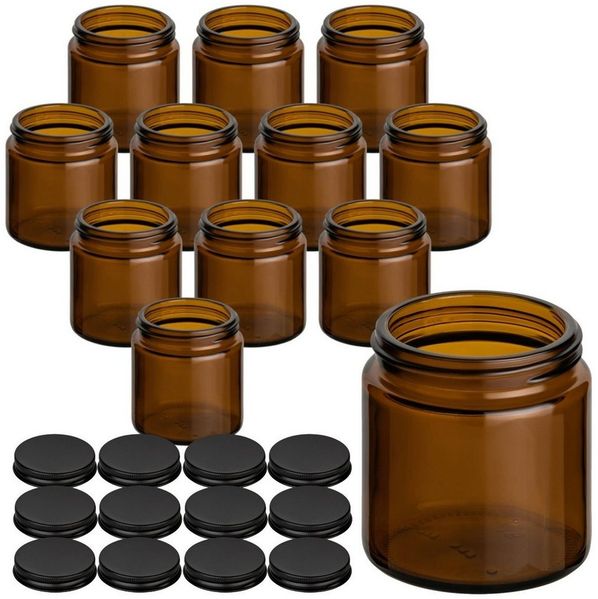 gouveo Make-Up Organizer Cremetiegel aus Braunglas mit Schraubdeckel - Leere Cremedose aus Glas, 12-tlg, 120ml/schwarz-matt, Schutz für lichtempfindlichen Inhalt