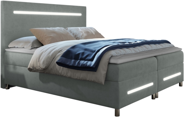 Boxspringbett Saziro LED, Grau, 140 x 200 cm