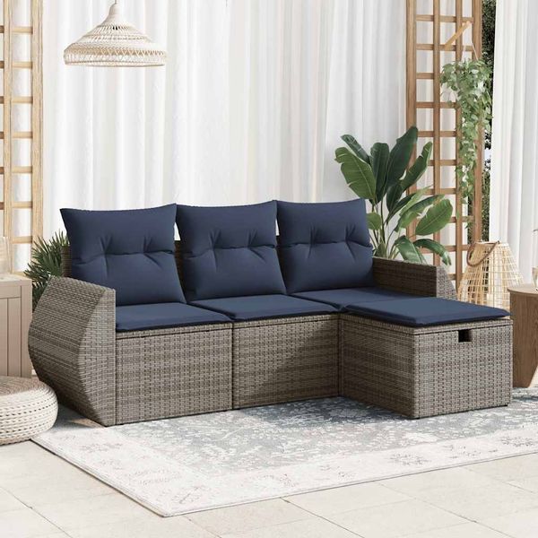 vidaXL 4-tlg. Garten-Sofagarnitur mit Kissen Grau Poly Rattan 3325557