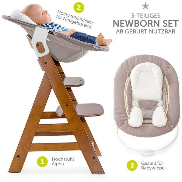 Hauck Hochstuhl Alpha Plus Walnut - Newborn Set (Set, 4 St), Holz Babystuhl ab Geburt mit Aufsatz für Neugeborene höhenverstellbar