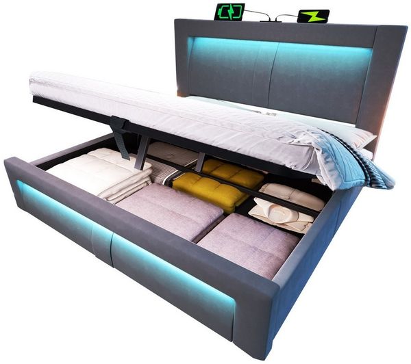 Ulife Polsterbett hydraulisches Stauraumbett mit LED-Beleuchtung, gebogenes Kopfteil (1-tlg, Ohne Matratze), App-Steuerung, USB- & Type-C-Ladeanschlüsse, 180x200cm