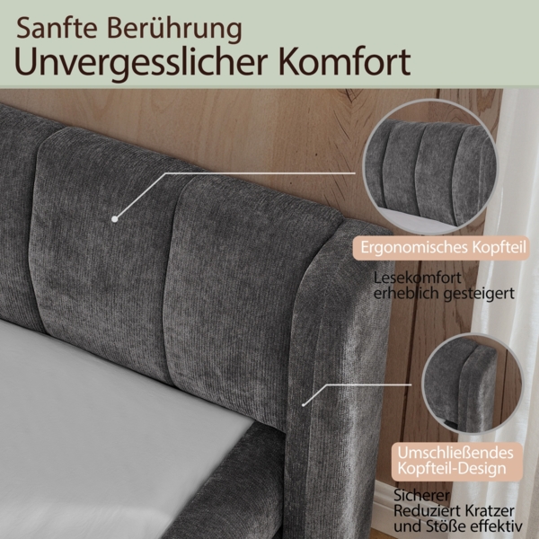 Doppelbett 140x200 cm Bettgestell Chenille Polsterstoff,stabiler Rahmen,ergonomisches Kopfteil,Dunkelgrau Bild 3