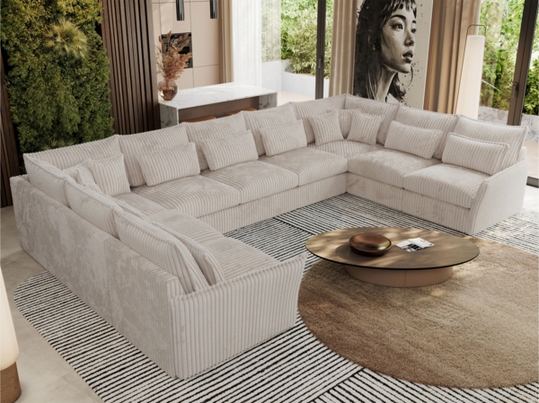 XXL U-förmige Ecksofa, modulares Ecksofa mit losen Kissen, Wohnlandschaft, universelles Ecksofa für das Wohnzimmer - VERSO U 9M - Beige Cord
