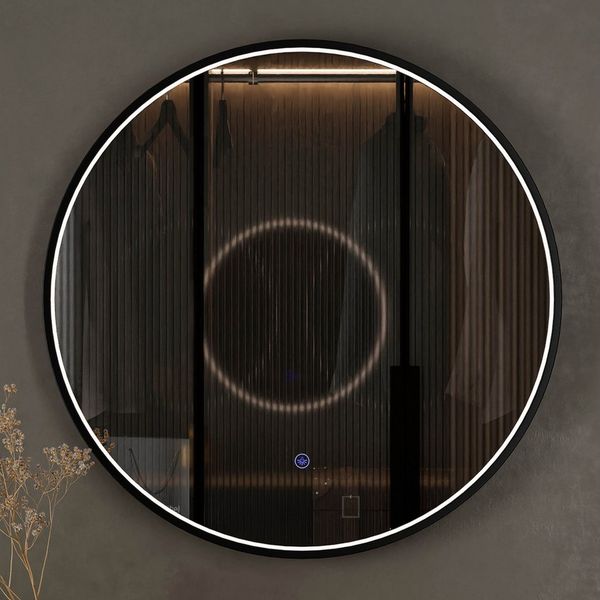 Planetmöbel Dekospiegel VELUNA Spiegel mit Beleuchtung 60 - 80 cm mit Rahmen (Dekorativer Wandspiegel mit Rahmen 60 cm, Spiegel mit LED-Licht), Touch-Schalter, Dimmbar 3000-6500k