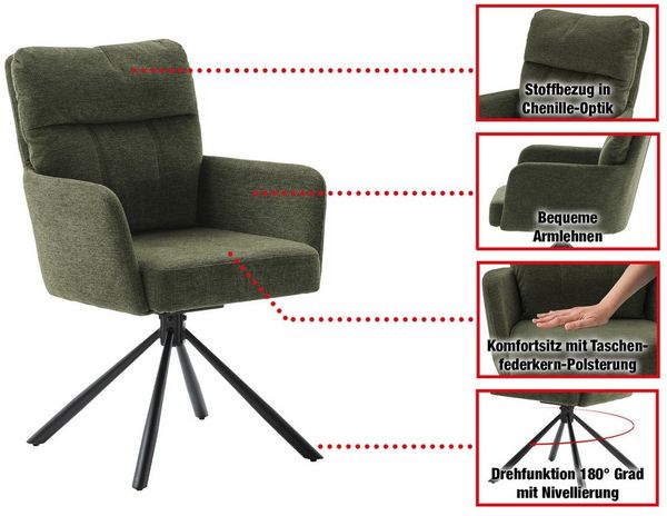 Massivart® Polsterstuhl drehbar, Esszimmerstuhl mit Taschenfederkern, Chenille-Optik, »UTICA«, Armlehnen · Metallgestell matt schwarz · Rückholfunktion