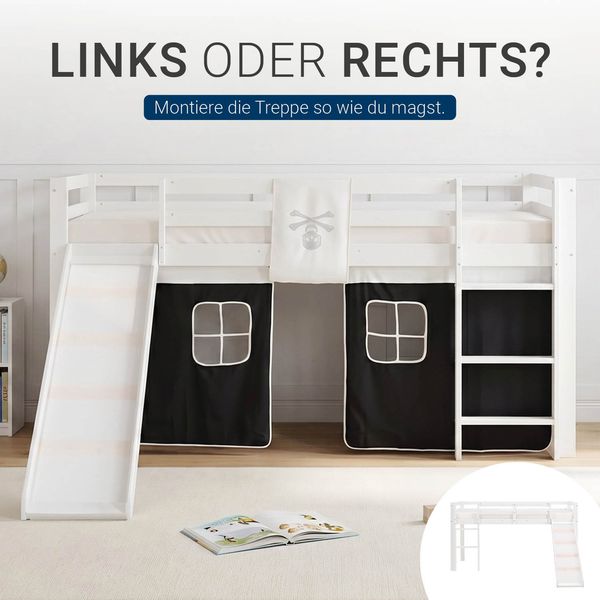 Hochbett mit Matratze 90x200 cm Rutsche Stockbett Kinderbett Leiter Holz Kiefer Vorhang schwarz Pirat Lattenrost Bild 7