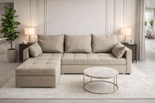AX LIVING Ecksofa ELIF Beige mit Schlaffunktion L-Form, Sofa mit Bettkasten - Moderne Ecksofa, Wohnzimmer Ecksofa - Eckcouch Beige - Links