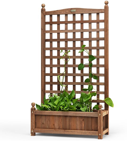 Blumenkasten mit Rankgitter Pflanzkasten Holz für Kletterpflanzen Hochbeet mit Spalier 64,5 x 28 x 120 cm Braun