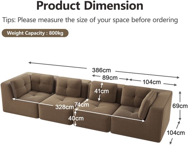 4-Sitzer Wohnlandschaft H 69 x T 386 x B 104 cm aus Cord, modular erweiterbar, ohne Aufbau Bild 5