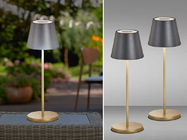 2er SET Akku Tischlampen Schwarz Gold ohne Kabel mit Ladestation, Höhe 34cm