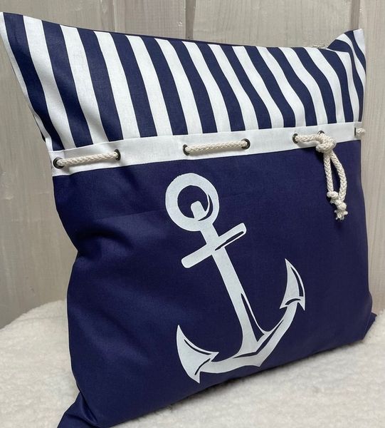 Ammerkind Dekokissen Maritimer Kissenbezug " Anker" blau/weiß, Kissenbezug ohne Füllung, 100% Handarbeit