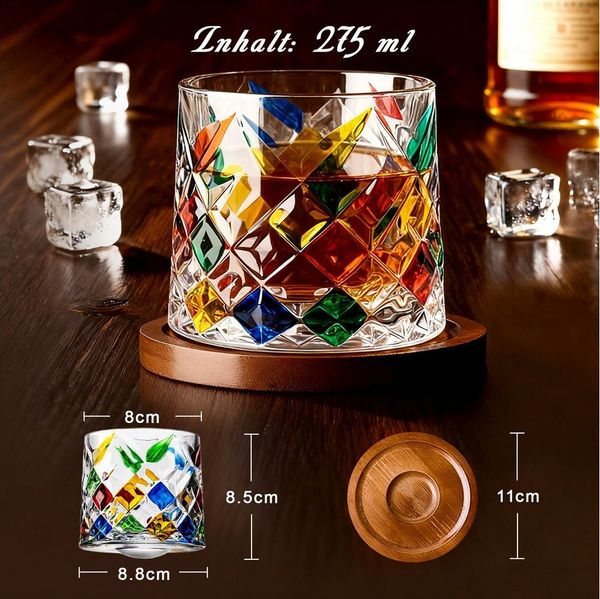 Fine Life Pro Glas Bunte Diamant-Muster Whiskybecher – 275 ml, 6-tlg, Optisches Highlight mit farbenfrohem Gravurdesign