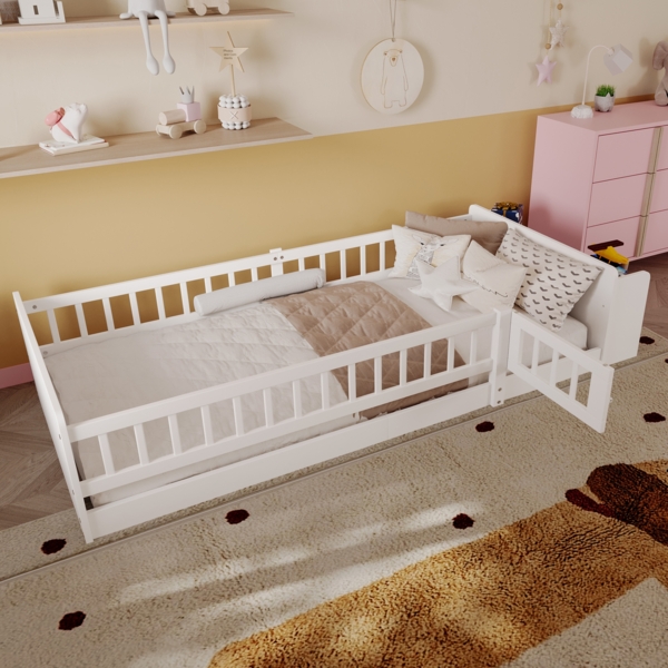 Kinderbett 90x200cm aus Kiefernholz, Babybett mit Stauraum, offenes Regal & Sicherheitszaun, modernes Kinderzimmerbett