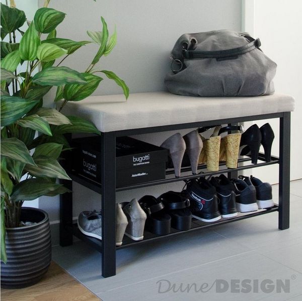 DuneDesign Schuhregal 81 x 32 x 46 cm offener Schuhschrank mit 2 Böden stabile Sitzbank Schuhbank aus Metall mit gepolsterter Leinen Sitzfläche Beige