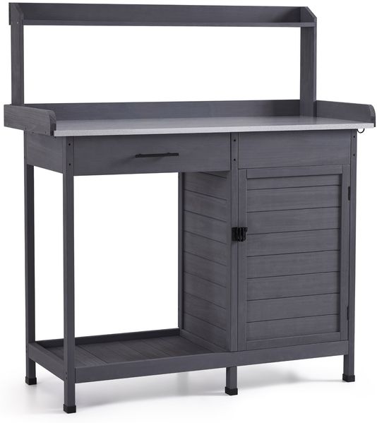 M MCombo Pflanztisch mit Schublade, Ablage, Verzinkter Arbeitsplatte & Schrank, Gärtnertisch Wetterfest mit 3 Haken, Blumentisch Massivholz für Garten, 0440 (Grau)