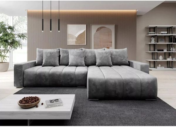 Muffo Ecksofa PIANO, elegante vertikale Nähte, Bettzeugablage, Schlaffunktion 234x137, Lose Rückenkissen