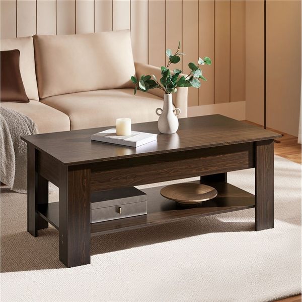 Yaheetech Couchtisch mit höhenverstellbarer Platte und verstecktem Stauraum, Holz, 42 x 50 x 98 cm, Espresso