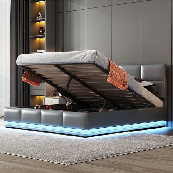 Odikalo Stauraumbett Polsterbett 16-LED Kasten Lattenrost PU-Leder Weiß/Grau/Beige 140/160