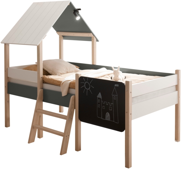 Hausbett >Kiama< mit Rollrost, Weiß, Petrol, Schwarz, Kiefer - 123x165x210 (BxHxT)