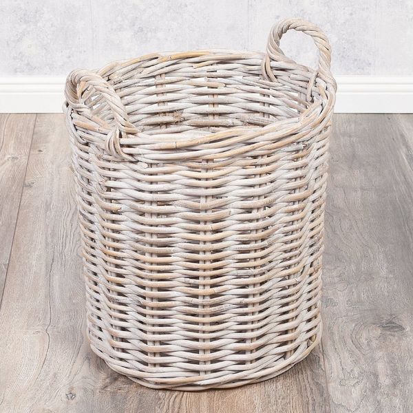 LebensWohnArt Dekokorb Natur Rattankorb BAKUL rund White Wash 30cm Pflanzkorb Inlay Griffe