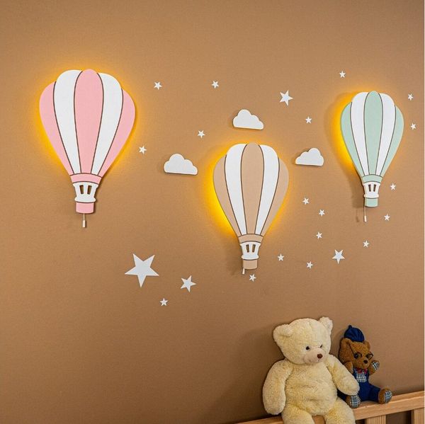 COZYCOLLECTIONS LED Wandleuchte Wandlampen-Heißluftballons (Beige & Grün)in Holzoptik, LED, Warmweiß, handbemalt, inkl. Heißluftballons (Beige & Grün) (ohne Rosa)
