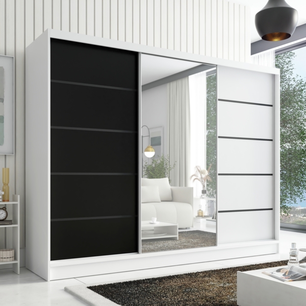 Schwebetürenschrank AVIRA 2 3-türig Schrank 200 cm (mit Spiegel) Farbe: Weiß , Schwarz