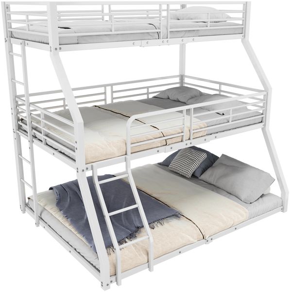 Merax Etagenbett, 90*200 cm, Metallbettgestell, Eisenbett, Dreifach-Etagenbett, für Kinder, Jugendliche und Erwachsene, Ohne Matratze, Weiß Bild 10